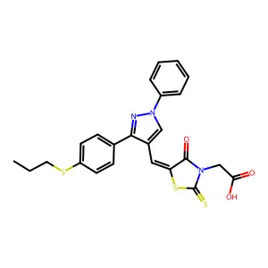 [(5Z)-4-oxo-5-({1-phenyl-3-[4-(propylsulfanyl)phenyl]-1H-pyrazol-4-yl}methylidene)-2-thioxo-1,3-thiazolidin-3-yl]acetic acid structure