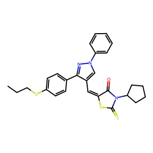 (5Z)-3-cyclopentyl-5-({1-phenyl-3-[4-(propylsulfanyl)phenyl]-1H-pyrazol-4-yl}methylidene)-2-thioxo-1,3-thiazolidin-4-one structure