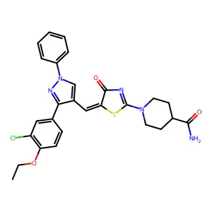 1-[(5Z)-5-{[3-(3-chloro-4-ethoxyphenyl)-1-phenyl-1H-pyrazol-4-yl]methylidene}-4-oxo-4,5-dihydro-1,3-thiazol-2-yl]piperidine-4-carboxamide structure