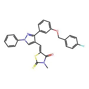 (5Z)-5-[(3-{3-[(4-fluorobenzyl)oxy]phenyl}-1-phenyl-1H-pyrazol-4-yl)methylidene]-3-methyl-2-thioxo-1,3-thiazolidin-4-one structure