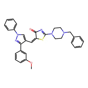 (5Z)-2-(4-benzylpiperazin-1-yl)-5-{[3-(3-methoxyphenyl)-1-phenyl-1H-pyrazol-4-yl]methylidene}-1,3-thiazol-4(5H)-one structure