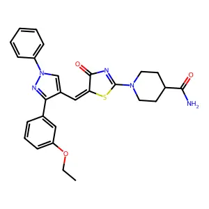 1-[(5Z)-5-{[3-(3-ethoxyphenyl)-1-phenyl-1H-pyrazol-4-yl]methylidene}-4-oxo-4,5-dihydro-1,3-thiazol-2-yl]piperidine-4-carboxamide structure