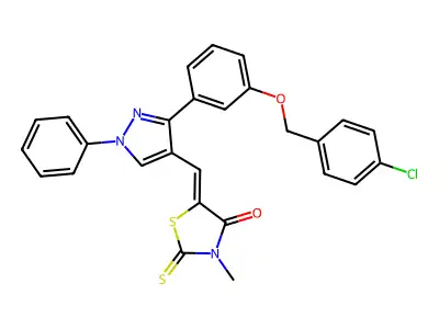 (5Z)-5-[(3-{3-[(4-chlorobenzyl)oxy]phenyl}-1-phenyl-1H-pyrazol-4-yl)methylidene]-3-methyl-2-thioxo-1,3-thiazolidin-4-one structure