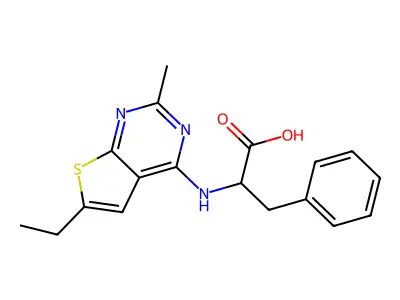 2-(6-Ethyl-2-methyl-thieno[2,3-d]pyrimidin-4-ylamino)-3-phenyl-propionic acid structure