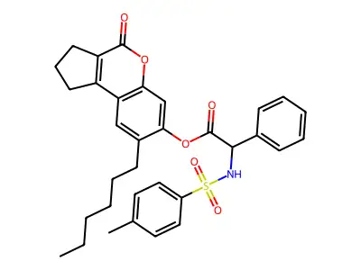 8-hexyl-4-oxo-1,2,3,4-tetrahydrocyclopenta[c]chromen-7-yl 2-(4-methylphenylsulfonamido)-2-phenylacetate structure