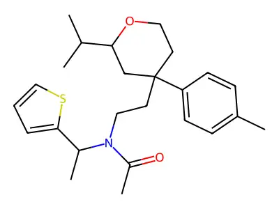 N-[2-[4-(4-methylphenyl)-2-propan-2-yloxan-4-yl]ethyl]-N-(1-thiophen-2-ylethyl)acetamide structure