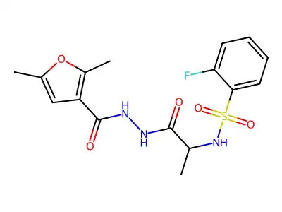 N-[1-[2-(2,5-dimethylfuran-3-carbonyl)hydrazinyl]-1-oxopropan-2-yl]-2-fluorobenzenesulfonamide structure