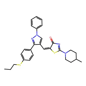 (5Z)-2-(4-methylpiperidin-1-yl)-5-({1-phenyl-3-[4-(propylsulfanyl)phenyl]-1H-pyrazol-4-yl}methylidene)-1,3-thiazol-4(5H)-one structure