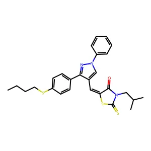 (5Z)-5-({3-[4-(butylsulfanyl)phenyl]-1-phenyl-1H-pyrazol-4-yl}methylidene)-3-(2-methylpropyl)-2-thioxo-1,3-thiazolidin-4-one structure
