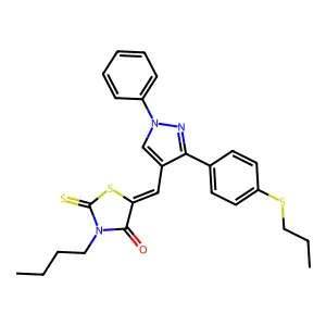 (5Z)-3-butyl-5-({1-phenyl-3-[4-(propylsulfanyl)phenyl]-1H-pyrazol-4-yl}methylidene)-2-thioxo-1,3-thiazolidin-4-one structure