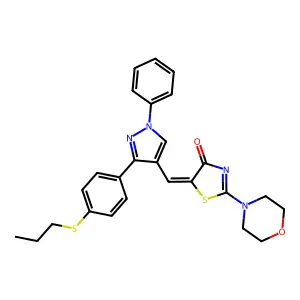 (Z)-2-morpholino-5-((1-phenyl-3-(4-(propylthio)phenyl)-1H-pyrazol-4-yl)methylene)thiazol-4(5H)-one structure
