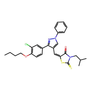 (5Z)-5-{[3-(4-butoxy-3-chlorophenyl)-1-phenyl-1H-pyrazol-4-yl]methylidene}-3-(2-methylpropyl)-2-thioxo-1,3-thiazolidin-4-one structure