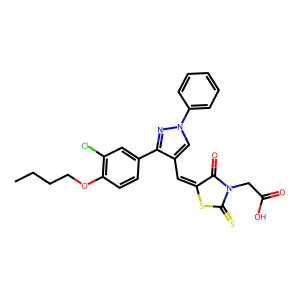 [(5Z)-5-{[3-(4-butoxy-3-chlorophenyl)-1-phenyl-1H-pyrazol-4-yl]methylidene}-4-oxo-2-thioxo-1,3-thiazolidin-3-yl]acetic acid structure