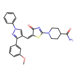 1-[(5Z)-5-{[3-(3-methoxyphenyl)-1-phenyl-1H-pyrazol-4-yl]methylidene}-4-oxo-4,5-dihydro-1,3-thiazol-2-yl]piperidine-4-carboxamide structure