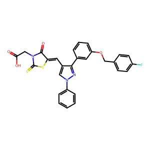 {(5Z)-5-[(3-{3-[(4-fluorobenzyl)oxy]phenyl}-1-phenyl-1H-pyrazol-4-yl)methylidene]-4-oxo-2-thioxo-1,3-thiazolidin-3-yl}acetic acid structure