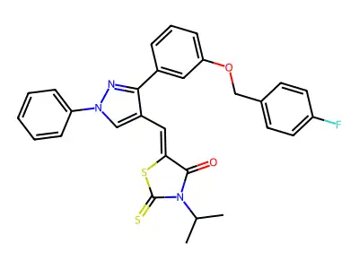 (5Z)-5-[(3-{3-[(4-fluorobenzyl)oxy]phenyl}-1-phenyl-1H-pyrazol-4-yl)methylidene]-3-(propan-2-yl)-2-thioxo-1,3-thiazolidin-4-one structure