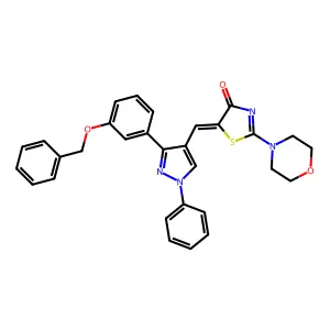 (5Z)-5-({3-[3-(benzyloxy)phenyl]-1-phenyl-1H-pyrazol-4-yl}methylidene)-2-(morpholin-4-yl)-1,3-thiazol-4(5H)-one structure