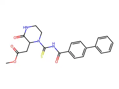 Methyl {1-[(biphenyl-4-ylcarbonyl)carbamothioyl]-3-oxopiperazin-2-yl}acetate structure