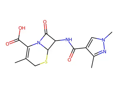 7-{[(1,3-dimethyl-1H-pyrazol-4-yl)carbonyl]amino}-3-methyl-8-oxo-5-thia-1-azabicyclo[4.2.0]oct-2-ene-2-carboxylic acid structure