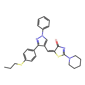 5-((Z)-1-{1-phenyl-3-[4-(propylsulfanyl)phenyl]-1H-pyrazol-4-yl}methylidene)-2-piperidino-1,3-thiazol-4-one structure