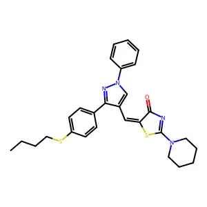 (5Z)-5-({3-[4-(butylsulfanyl)phenyl]-1-phenyl-1H-pyrazol-4-yl}methylidene)-2-(piperidin-1-yl)-1,3-thiazol-4(5H)-one structure