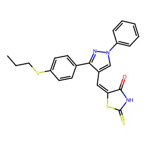 (5Z)-5-({1-phenyl-3-[4-(propylsulfanyl)phenyl]-1H-pyrazol-4-yl}methylidene)-2-thioxo-1,3-thiazolidin-4-one structure