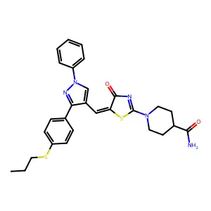 1-[(5Z)-4-oxo-5-({1-phenyl-3-[4-(propylsulfanyl)phenyl]-1H-pyrazol-4-yl}methylidene)-4,5-dihydro-1,3-thiazol-2-yl]piperidine-4-carboxamide structure