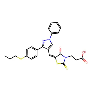 3-[(5Z)-4-oxo-5-({1-phenyl-3-[4-(propylsulfanyl)phenyl]-1H-pyrazol-4-yl}methylidene)-2-thioxo-1,3-thiazolidin-3-yl]propanoic acid structure