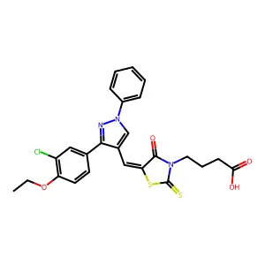 4-[(5Z)-5-{[3-(3-chloro-4-ethoxyphenyl)-1-phenyl-1H-pyrazol-4-yl]methylidene}-4-oxo-2-thioxo-1,3-thiazolidin-3-yl]butanoic acid structure
