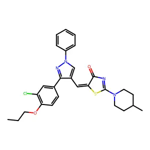 (5Z)-5-{[3-(3-chloro-4-propoxyphenyl)-1-phenyl-1H-pyrazol-4-yl]methylidene}-2-(4-methylpiperidin-1-yl)-1,3-thiazol-4(5H)-one structure
