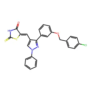 (5Z)-5-[(3-{3-[(4-chlorobenzyl)oxy]phenyl}-1-phenyl-1H-pyrazol-4-yl)methylidene]-2-thioxo-1,3-thiazolidin-4-one structure