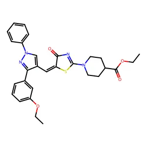 ethyl 1-[(5Z)-5-{[3-(3-ethoxyphenyl)-1-phenyl-1H-pyrazol-4-yl]methylidene}-4-oxo-4,5-dihydro-1,3-thiazol-2-yl]piperidine-4-carboxylate structure