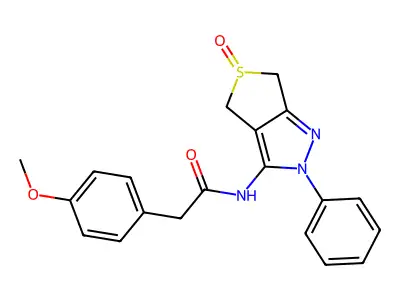 2-(4-methoxyphenyl)-N-(5-oxido-2-phenyl-4,6-dihydro-2H-thieno[3,4-c]pyrazol-3-yl)acetamide structure