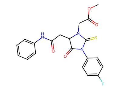 methyl {3-(4-fluorophenyl)-4-oxo-5-[2-oxo-2-(phenylamino)ethyl]-2-thioxoimidazolidin-1-yl}acetate structure