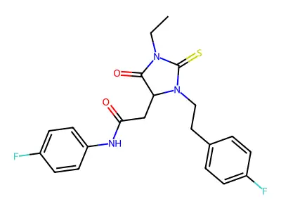 2-{1-ethyl-3-[2-(4-fluorophenyl)ethyl]-5-oxo-2-thioxoimidazolidin-4-yl}-N-(4-fluorophenyl)acetamide structure