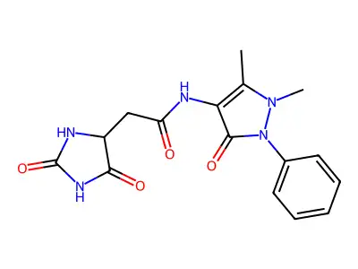 N-(1,5-dimethyl-3-oxo-2-phenyl-2,3-dihydro-1H-pyrazol-4-yl)-2-(2,5-dioxoimidazolidin-4-yl)acetamide structure