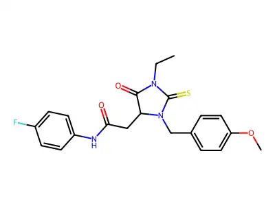 2-[1-ethyl-3-(4-methoxybenzyl)-5-oxo-2-thioxoimidazolidin-4-yl]-N-(4-fluorophenyl)acetamide structure