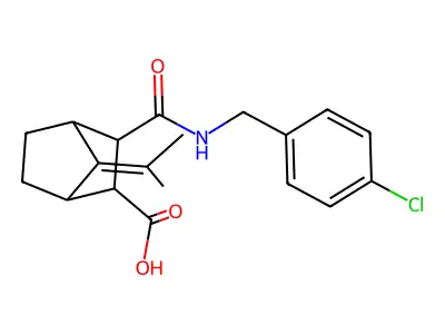 3-{[(4-chlorobenzyl)amino]carbonyl}-7-(1-methylethylidene)bicyclo[2.2.1]heptane-2-carboxylic acid structure