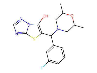 5-((2,6-dimethylmorpholino)(3-fluorophenyl)methyl)thiazolo[3,2-b][1,2,4]triazol-6-ol structure