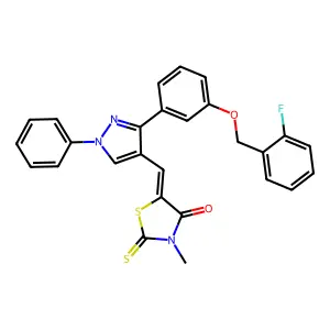(5Z)-5-[(3-{3-[(2-fluorobenzyl)oxy]phenyl}-1-phenyl-1H-pyrazol-4-yl)methylidene]-3-methyl-2-thioxo-1,3-thiazolidin-4-one structure