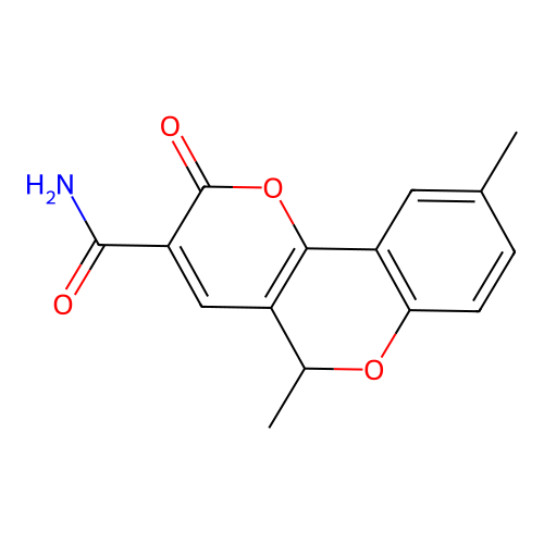 5,9-dimethyl-2-oxo-5H-pyrano[3,2-c]chromene-3-carboxamide structure