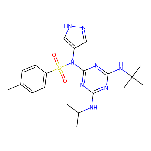 N-(4-(tert-butylamino)-6-(isopropylamino)-1,3,5-triazin-2-yl)-4-methyl-N-(1H-pyrazol-4-yl)benzenesulfonamide structure