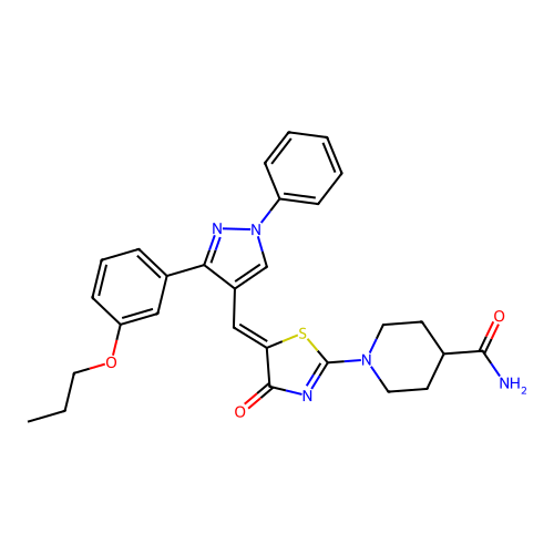 (Z)-1-(4-oxo-5-((1-phenyl-3-(3-propoxyphenyl)-1H-pyrazol-4-yl)methylene)-4,5-dihydrothiazol-2-yl)piperidine-4-carboxamide structure