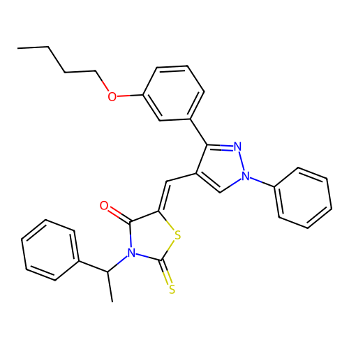 (5Z)-5-{[3-(3-butoxyphenyl)-1-phenyl-1H-pyrazol-4-yl]methylidene}-3-(1-phenylethyl)-2-thioxo-1,3-thiazolidin-4-one structure