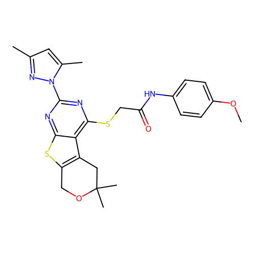 2-((2-(3,5-dimethyl-1H-pyrazol-1-yl)-6,6-dimethyl-6,8-dihydro-5H-pyrano[4',3':4,5]thieno[2,3-d]pyrimidin-4-yl)thio)-N-(4-methoxyphenyl)acetamide structure
