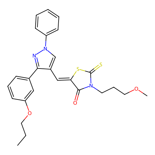 (5Z)-3-(3-methoxypropyl)-5-{[1-phenyl-3-(3-propoxyphenyl)-1H-pyrazol-4-yl]methylidene}-2-thioxo-1,3-thiazolidin-4-one structure
