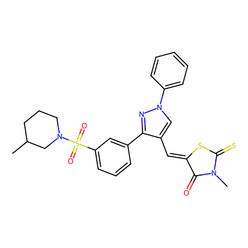 (5Z)-3-methyl-5-[(3-{3-[(3-methylpiperidin-1-yl)sulfonyl]phenyl}-1-phenyl-1H-pyrazol-4-yl)methylidene]-2-thioxo-1,3-thiazolidin-4-one structure