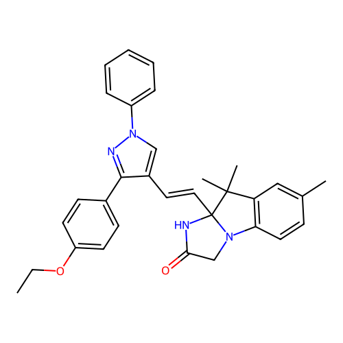(E)-9a-(2-(3-(4-ethoxyphenyl)-1-phenyl-1H-pyrazol-4-yl)vinyl)-7,9,9-trimethyl-9,9a-dihydro-1H-imidazo[1,2-a]indol-2(3H)-one structure