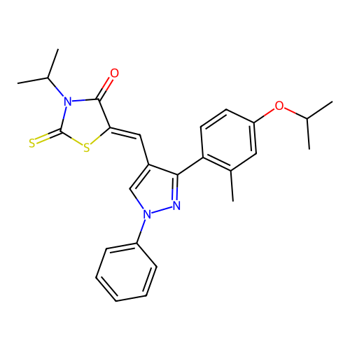 (Z)-5-((3-(4-isopropoxy-2-methylphenyl)-1-phenyl-1H-pyrazol-4-yl)methylene)-3-isopropyl-2-thioxothiazolidin-4-one structure