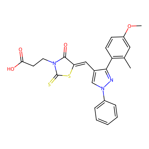 (Z)-3-(5-((3-(4-methoxy-2-methylphenyl)-1-phenyl-1H-pyrazol-4-yl)methylene)-4-oxo-2-thioxothiazolidin-3-yl)propanoic acid structure